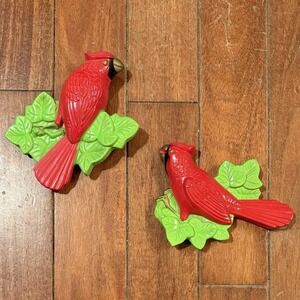 Pair 1970s 70s Miller Studio Chalkware Red Cardinal Birds Wall Decor Plaques